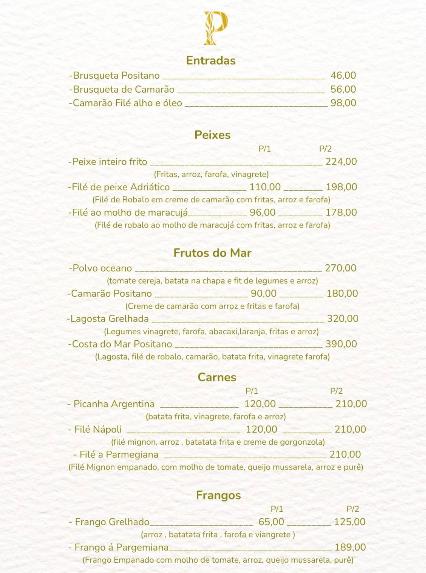 Página do cardápio Positano com entradas, peixes, frutos do mar, carnes e frangos