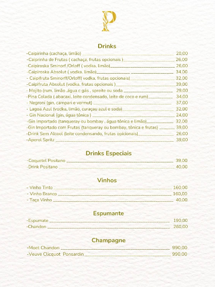 Página do cardápio Positano com drinks, drinks especiais, vinhos, espumantes e champagne
