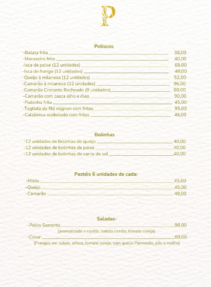 Página do cardápio Positano com petiscos, bolinhas, pastéis e saladas